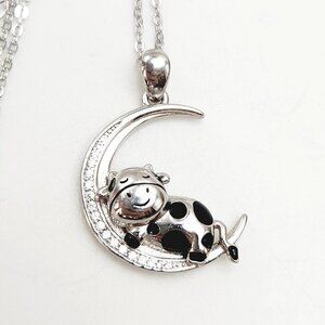 Cow Sleeping on Half Moon Cute Crystal 925 Sterling Silver Pendant Necklace
